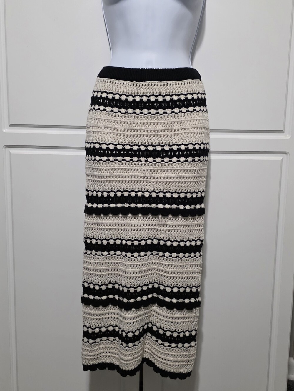 Sincerely Jules Black Cream Stripe Crochet Knit Contrast Sweater Maxi Skirt